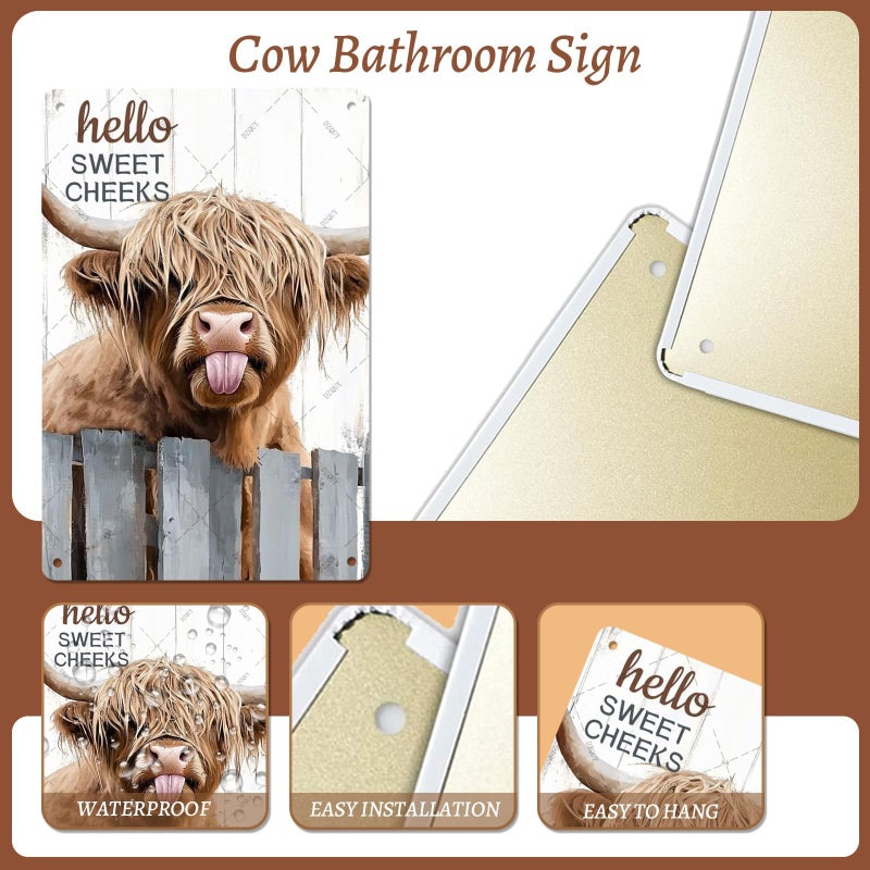 DZQUY Highland Cow Metal Tin Sign: 12x8 Inch Funny Bathroom Decor with "Hello Sweet Cheeks"Design, Vintage Wall Art for Toilet, Farmhouse Pub, Home & Office, Waterproof Retro Tin Poster - Image 3