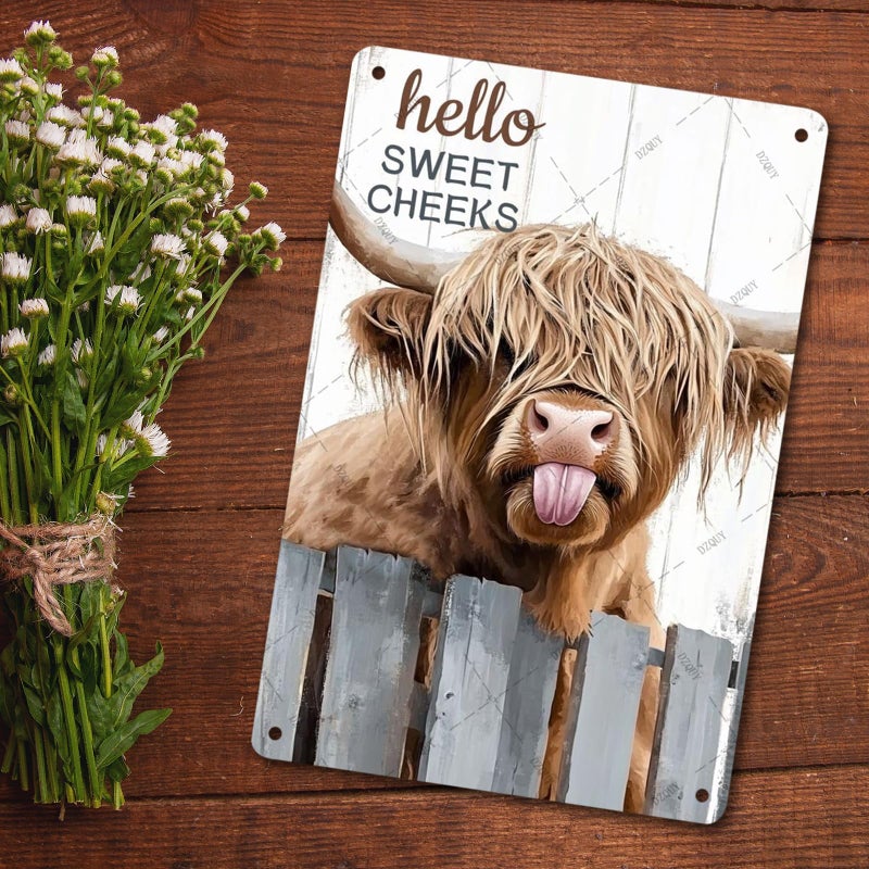 DZQUY Highland Cow Metal Tin Sign: 12x8 Inch Funny Bathroom Decor with "Hello Sweet Cheeks"Design, Vintage Wall Art for Toilet, Farmhouse Pub, Home & Office, Waterproof Retro Tin Poster - Image 5