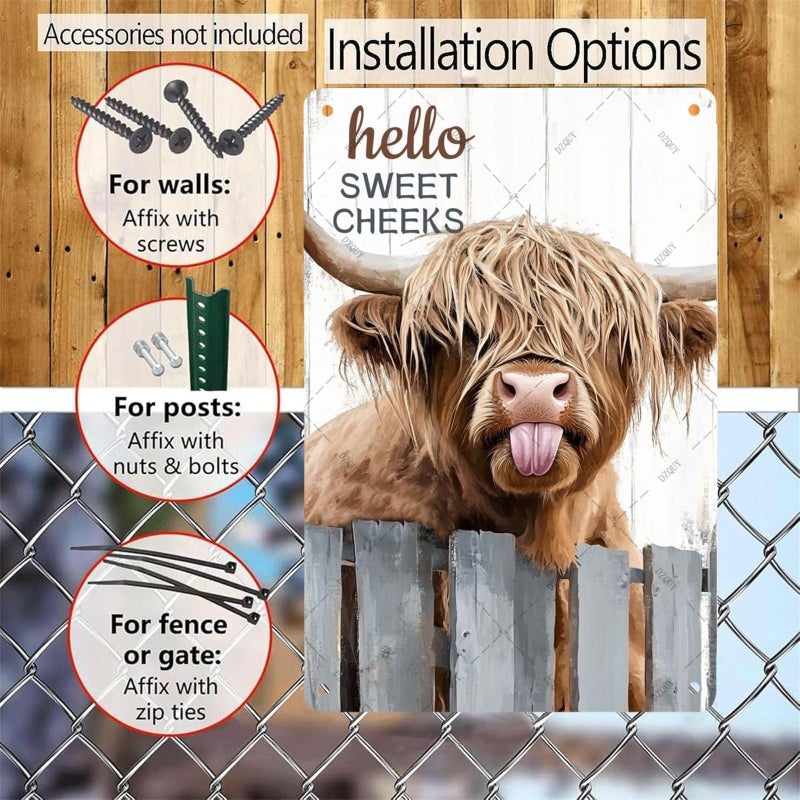 DZQUY Highland Cow Metal Tin Sign: 12x8 Inch Funny Bathroom Decor with "Hello Sweet Cheeks"Design, Vintage Wall Art for Toilet, Farmhouse Pub, Home & Office, Waterproof Retro Tin Poster - Image 4