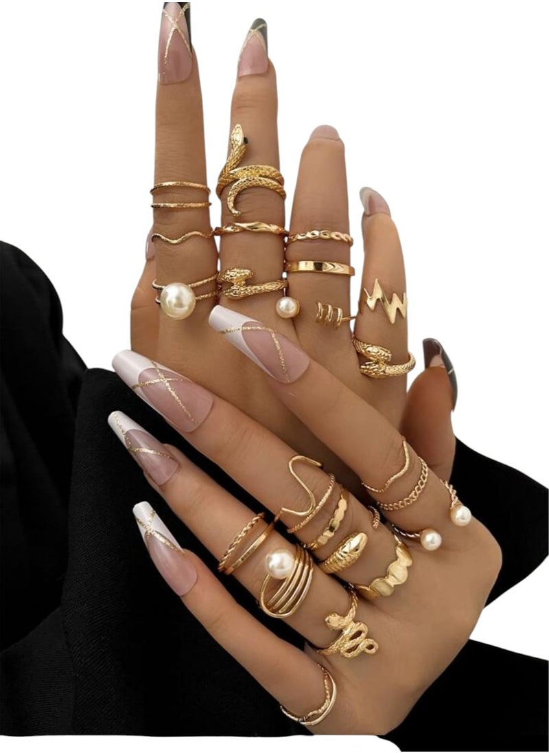YUCCA - 23pcs Elegant Faux Pearl Ring Set, Multi-Element Geometric Ring Set - Image 1