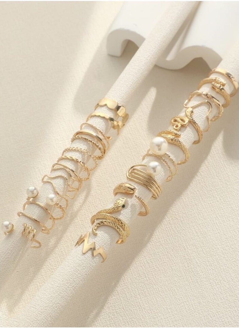YUCCA - 23pcs Elegant Faux Pearl Ring Set, Multi-Element Geometric Ring Set - Image 1