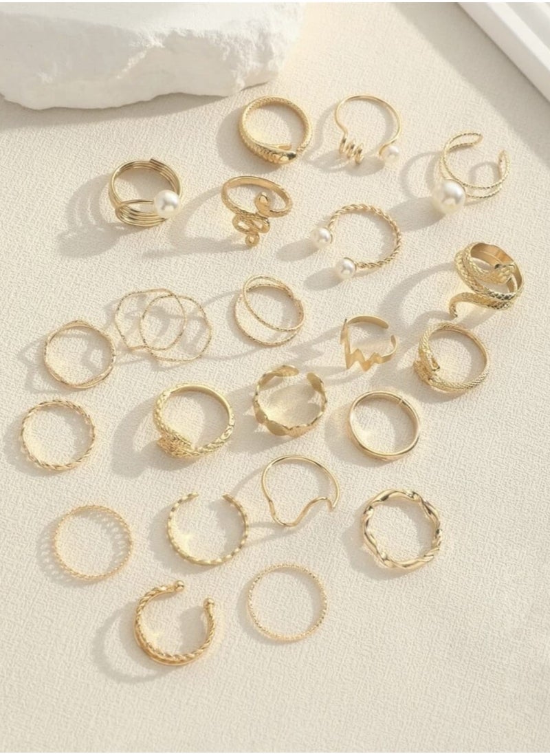 YUCCA - 23pcs Elegant Faux Pearl Ring Set, Multi-Element Geometric Ring Set - Image 1