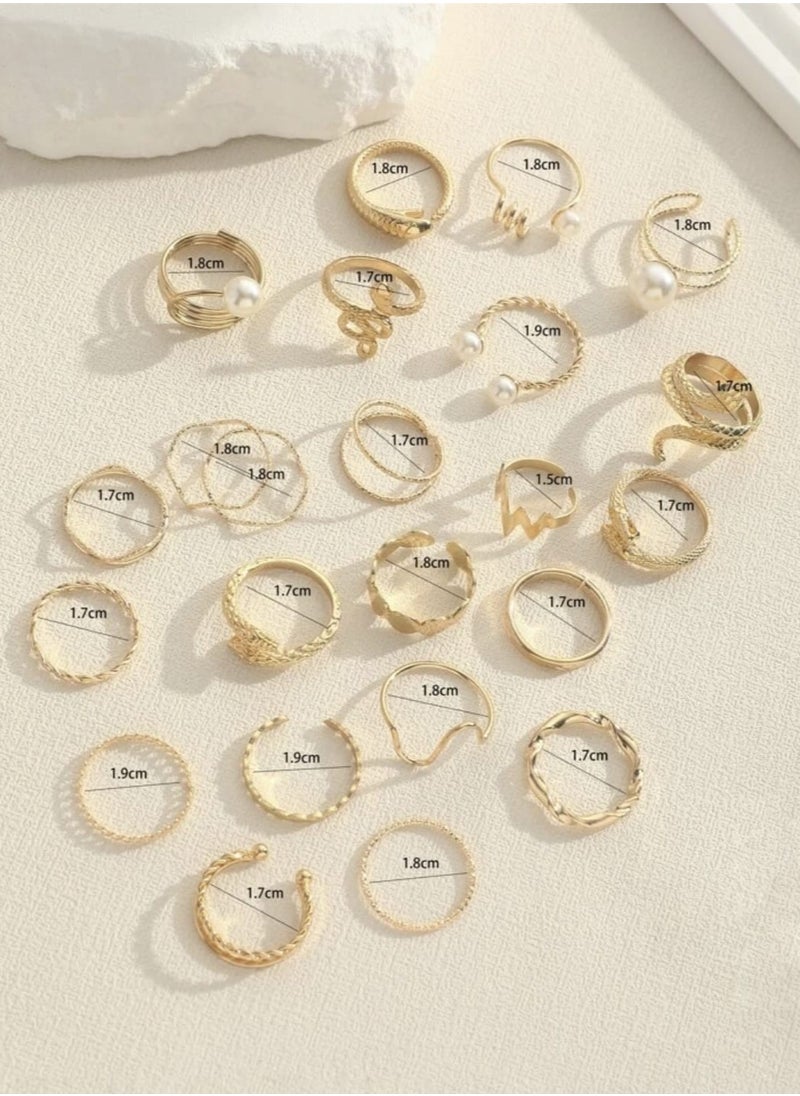 YUCCA - 23pcs Elegant Faux Pearl Ring Set, Multi-Element Geometric Ring Set - Image 1