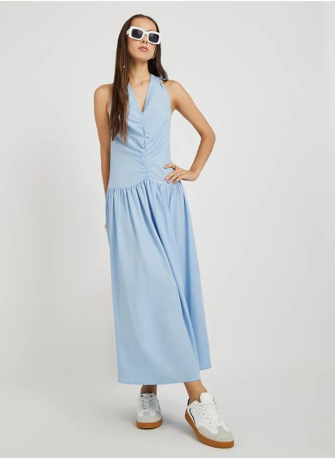 Take Two Take Two Solid Sleeveless Halter Neck Ruched Detail Midi Dress