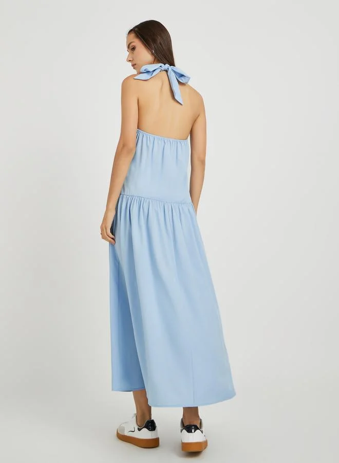 Take Two Take Two Solid Sleeveless Halter Neck Ruched Detail Midi Dress