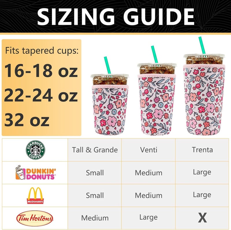 واي آر Reusable Neoprene Insulator Sleeve for Iced Coffee Cups, 3 Pack Coffee Coolies sleeves for Iced  Hot Drinks, Cold Beverage Cooler Compatible with Starbucks Coffee and More (Pink Floral Garden) - Image 2