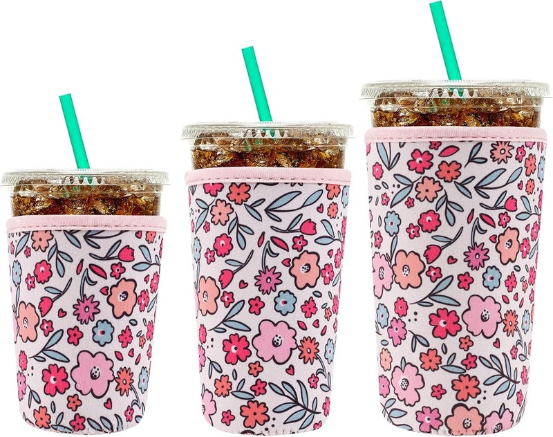 واي آر Reusable Neoprene Insulator Sleeve for Iced Coffee Cups, 3 Pack Coffee Coolies sleeves for Iced  Hot Drinks, Cold Beverage Cooler Compatible with Starbucks Coffee and More (Pink Floral Garden) - Image 1