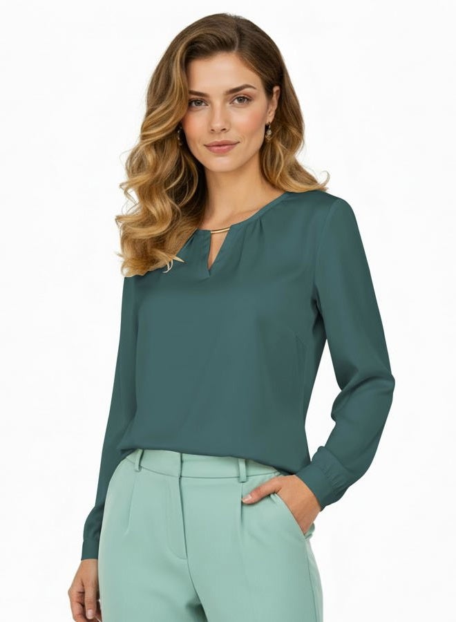 AURUZA Business Shirt Crewneck Satin Blouse for Women Office Formal Dressy Casual Spring Work Top, Turquoise, M - Image 2