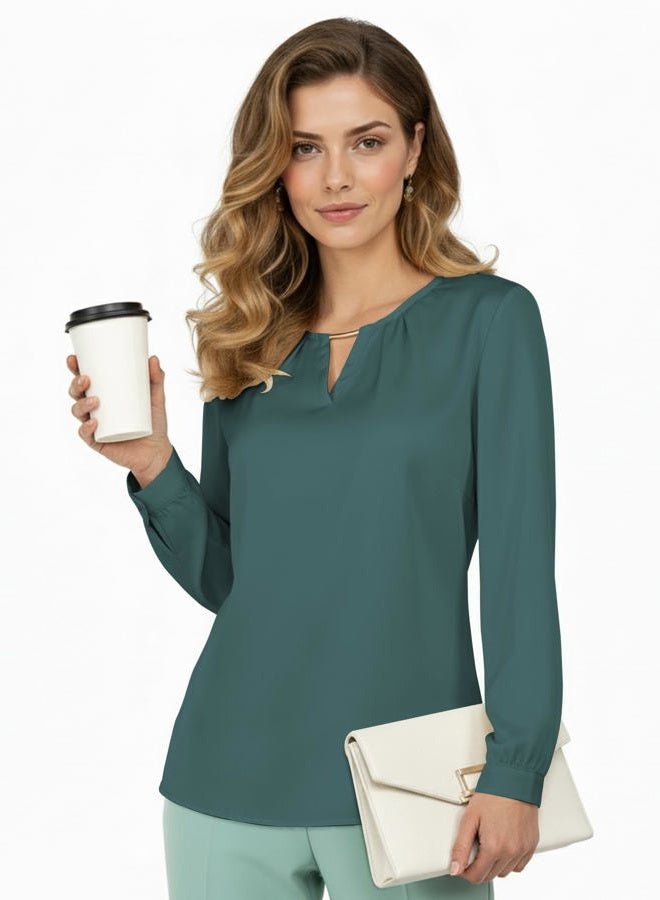 AURUZA Business Shirt Crewneck Satin Blouse for Women Office Formal Dressy Casual Spring Work Top, Turquoise, M - Image 4