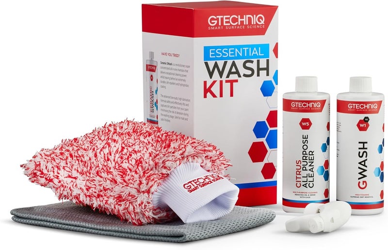 Gtechniq Essential Car Wash Kit - Complete Car Cleaning Set with Shampoo, Wheel Cleaner, Microfiber Mitt & Towel - Image 1