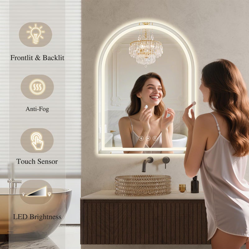 WISSMIELS Arched LED Bathroom Mirrors with Lights 30"x40" LED Mirror for Bathroom,Led Vanity Mirror, Anti-Fog,LED Mirrors with Light, Anti-Fog, Dimmable, 3 Color, Shatterproof, Touch Sensor - Image 5