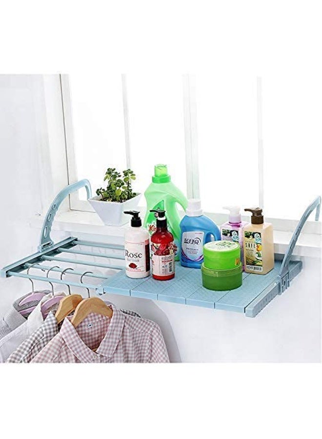Balcony Drying Rack for Cloth Socks Shoes Towel | Multi Functional Telescopic Window Sill Hanging Stand | Foldable Balcony Drying Rack with Self Hanging Hanger (baby blue) - Image 1