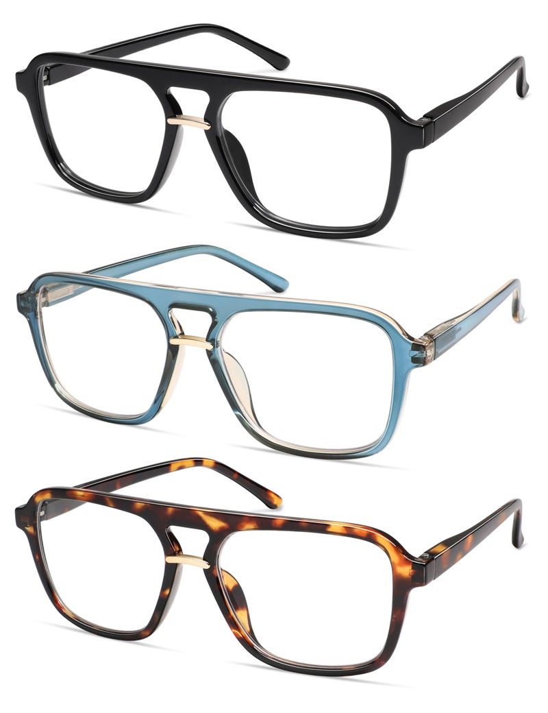 AMOMOMA 3 Pack Trendy Aviator Reading Glasses for Women Men Stylish Square Blue Light Blocking Readers AM6164 Mix (+1.00 Magnification Strength) - Image 3