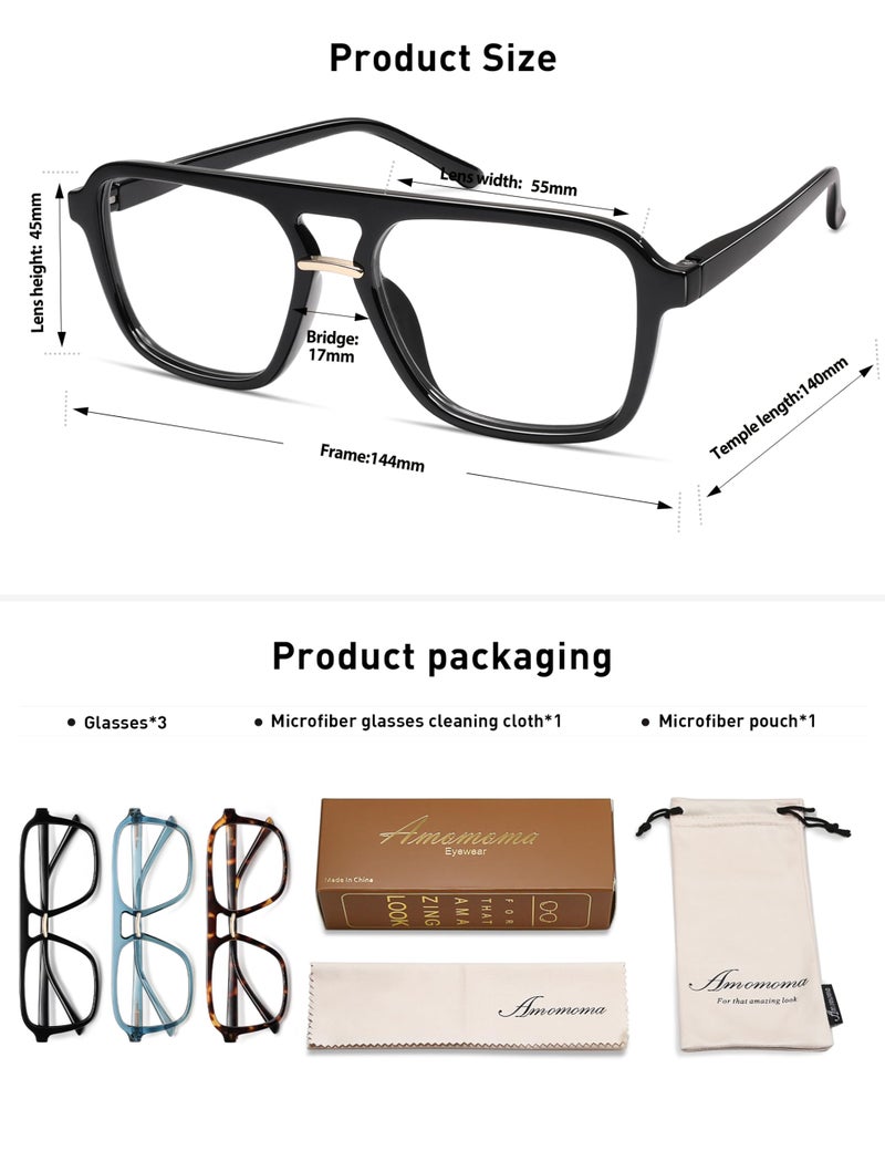 AMOMOMA 3 Pack Trendy Aviator Reading Glasses for Women Men Stylish Square Blue Light Blocking Readers AM6164 Mix (+1.00 Magnification Strength) - Image 5