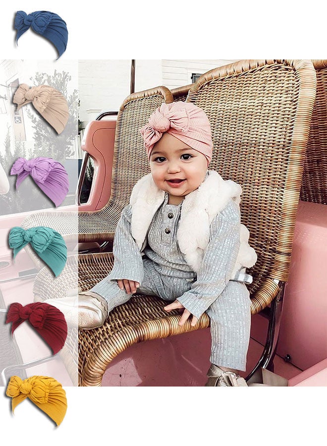 roaiss 7-Piece Baby Bow Pleated Hat Solid Knotted Indian Hat Breathable Soft Cute Pullover Hat - Image 1