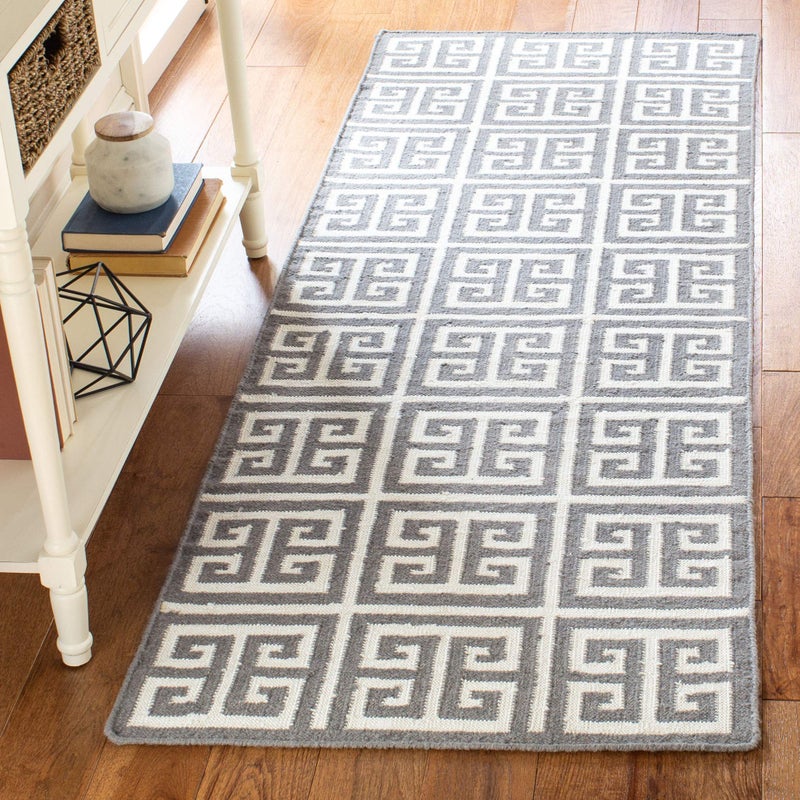SAFAVIEH Dhurries Collection 26 x 7 GreyIvory DHU626B Handmade Flatweave Premium Wool  Banana Silk Runner Rug