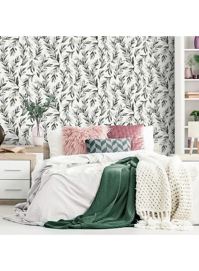Livebor Green Leaf Peel and Stick Wallpaper Olive Leaf Contact Paper 17.7inch x 393.7inch Sage Green Wallpaper Peel and Stick Eucalyptus Farmhouse Wall Paper Neutral Self Adhesive Decorative Vinyl - Image 2