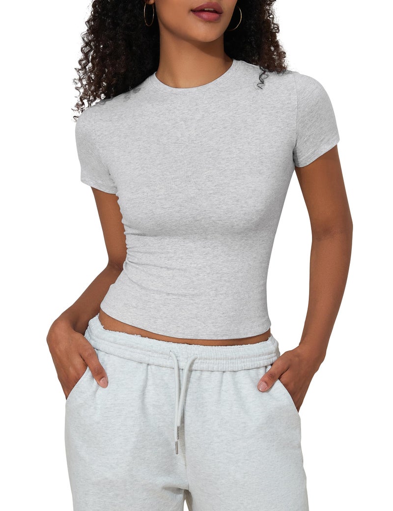 PrettyGuide Womens Short Sleeve Fitted T Shirt Crew Neck Going Out Cute Baby Tee Summer Basic Tee Light Heather Grey L - Image 3