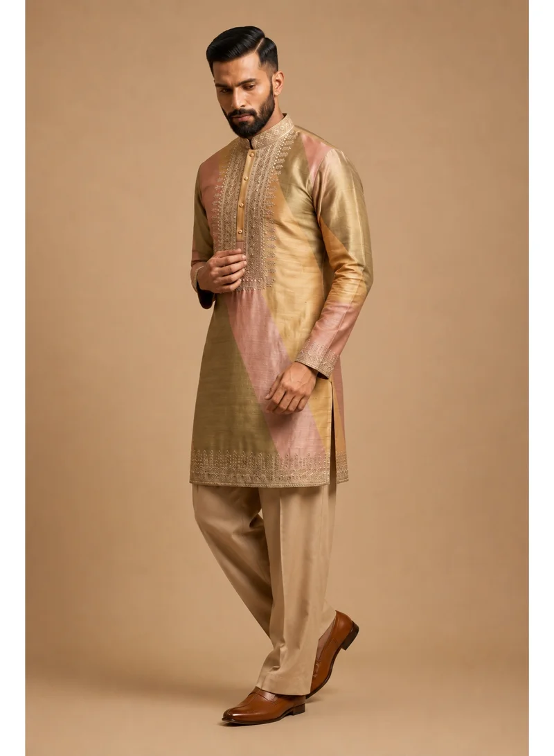 Lehar Green Beige Embroidered Silk Kurta Set with Straight Fit Trousers