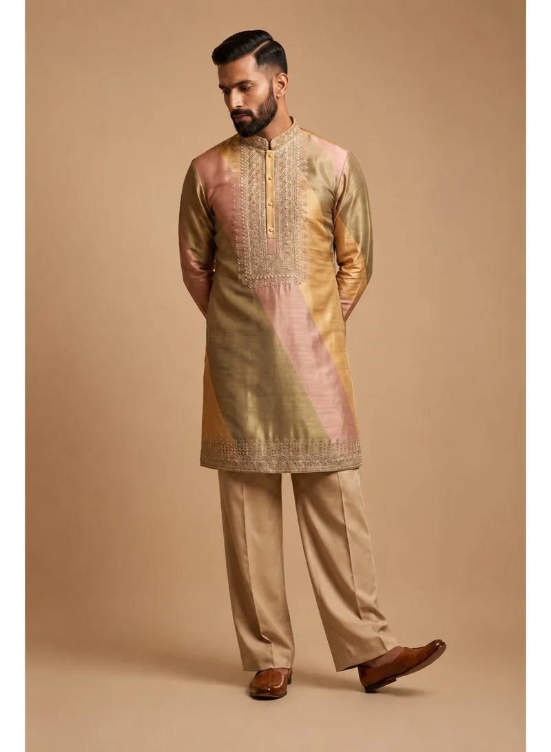 Lehar Green Beige Embroidered Silk Kurta Set with Straight Fit Trousers
