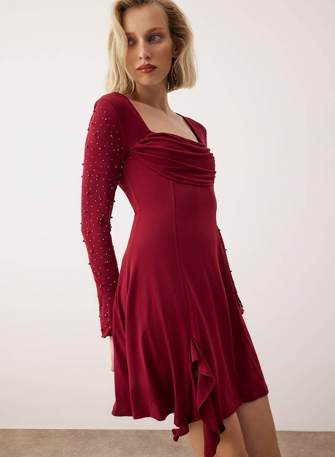 trendyol Burgundy Knitted Short Stylish Evening Dress with Pearl Accessories Night Homecoming Dress - Image 1