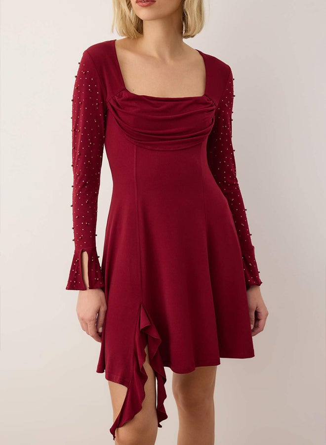 trendyol Burgundy Knitted Short Stylish Evening Dress with Pearl Accessories Night Homecoming Dress - Image 3