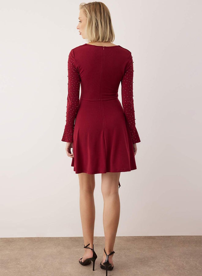 trendyol Burgundy Knitted Short Stylish Evening Dress with Pearl Accessories Night Homecoming Dress - Image 4
