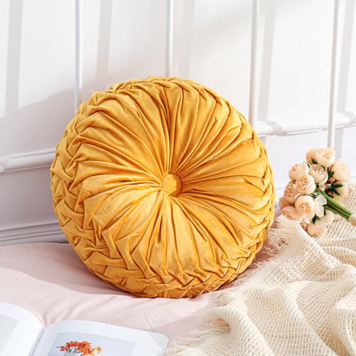 Drydiet 1 Pcs Round Throw Velvet Pillows Decorative Pleated Throw Pillows Diameter Accent Pumpkin Boho Chair Cushion for Couch Sofa Home Decoration Yellow15 - Image 1