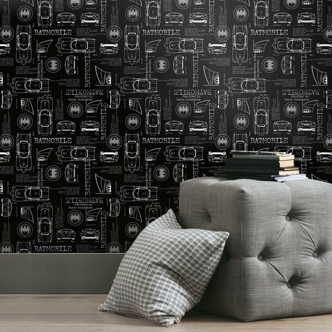 RMK11849RL BLACK AND GRAY BATMAN BATMOBILE BLUEPRINT PEEL AND STICK WALLPAPER