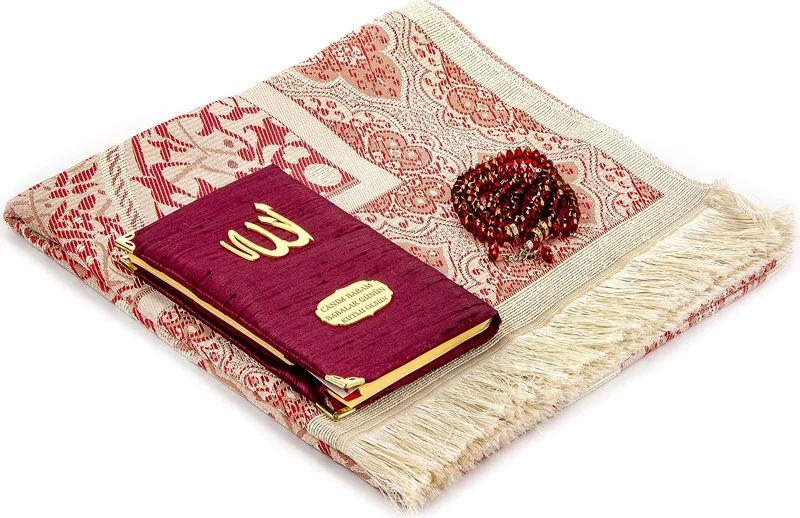 ايهفان Ihvan Father's Day Special Name Printed Fabric Covered Yasin Book Set with Prayer Mat, Rosary and Pouch - Claret Red