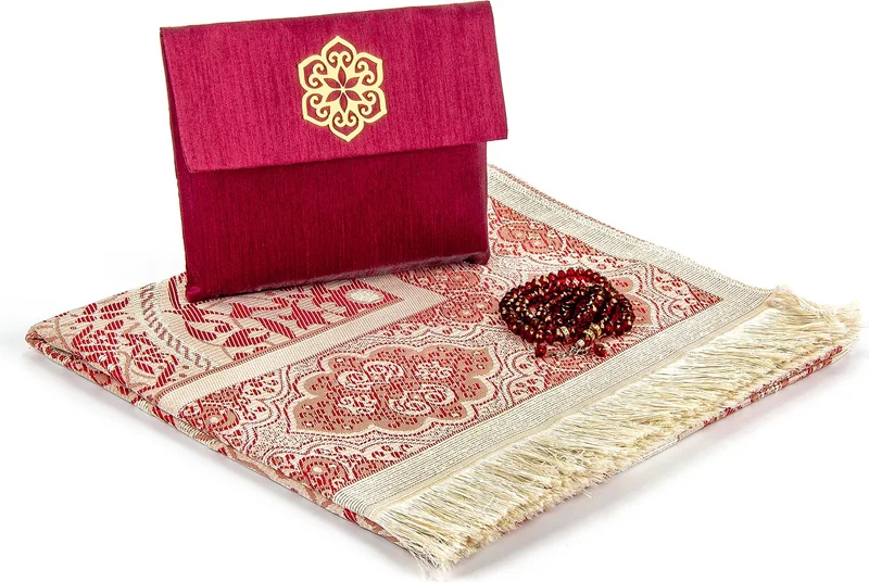 ايهفان Ihvan Father's Day Special Name Printed Fabric Covered Yasin Book Set with Prayer Mat, Rosary and Pouch - Claret Red
