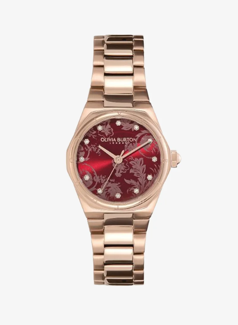 Olivia Burton Women's Quartz Watch, Burgundy Dial, Rose Gold Stainless Steel Strap