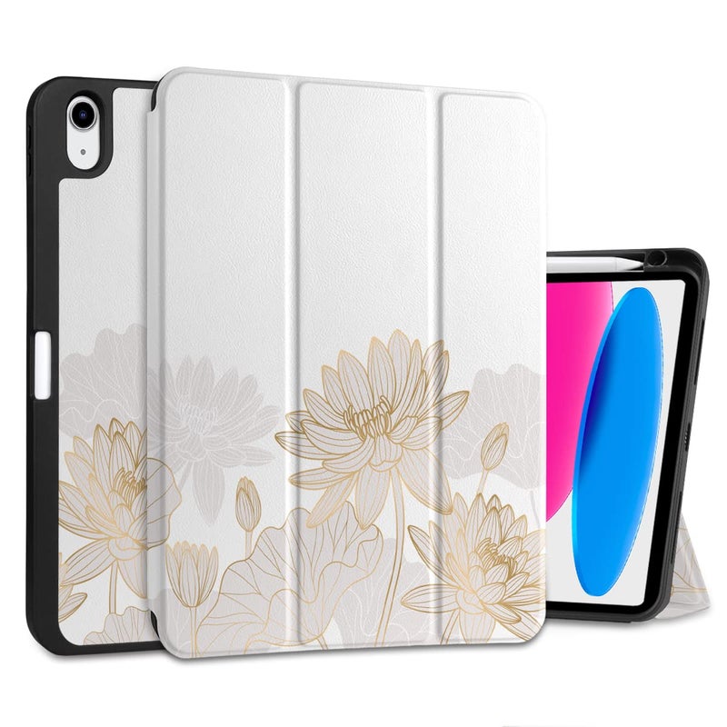 DONGKE Case for iPad 11th Generation 11 Inch 2025 (A16 Chip) & iPad 10th Generation 10.9 Inch 2022 with Pencil Holder-[Auto Wake/Sleep], Trifold Stand Soft TPU Protective Cover, Gold Lotus - Image 1