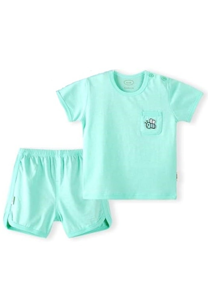 AIWANTO 1 Set Plain With Pocket Bee Design Baby Boy and Baby Girl Clothes Set For Kids Cotton T-Shirt  and Shorts Lake Green (24-36months)