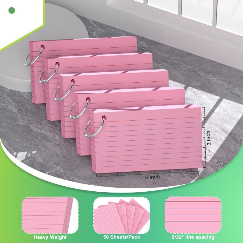 Nichela 250 Count Pink Index Cards with Ring 3 x 5 Inch Heavyweight Ruled Index Cards, Flash Cards for School & Office Supplies and Home Organization, Durable Study To Do List Note Cards with Ruled Lines - Image 2