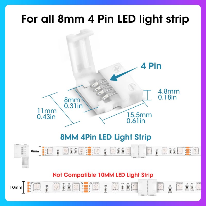 WENHSIN 10-Packs 4-Pin LED Connectors for LED Strip Lights 8mm Width Unwired Gapless Solderless Adapter Extension - Image 2