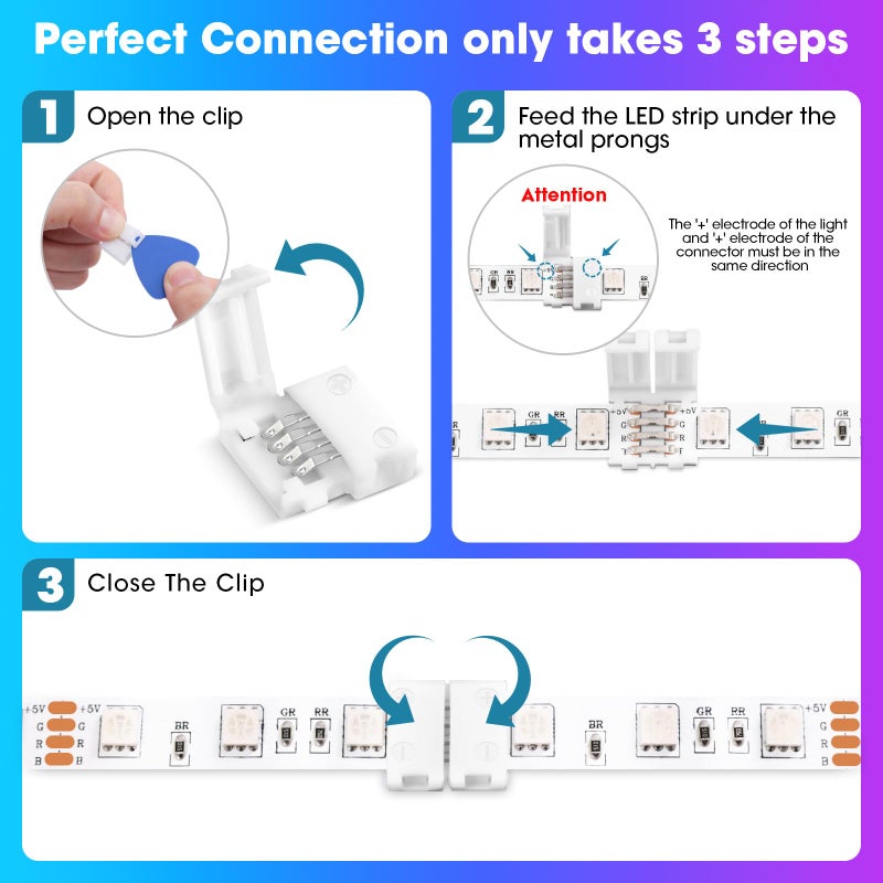 WENHSIN 10-Packs 4-Pin LED Connectors for LED Strip Lights 8mm Width Unwired Gapless Solderless Adapter Extension - Image 4
