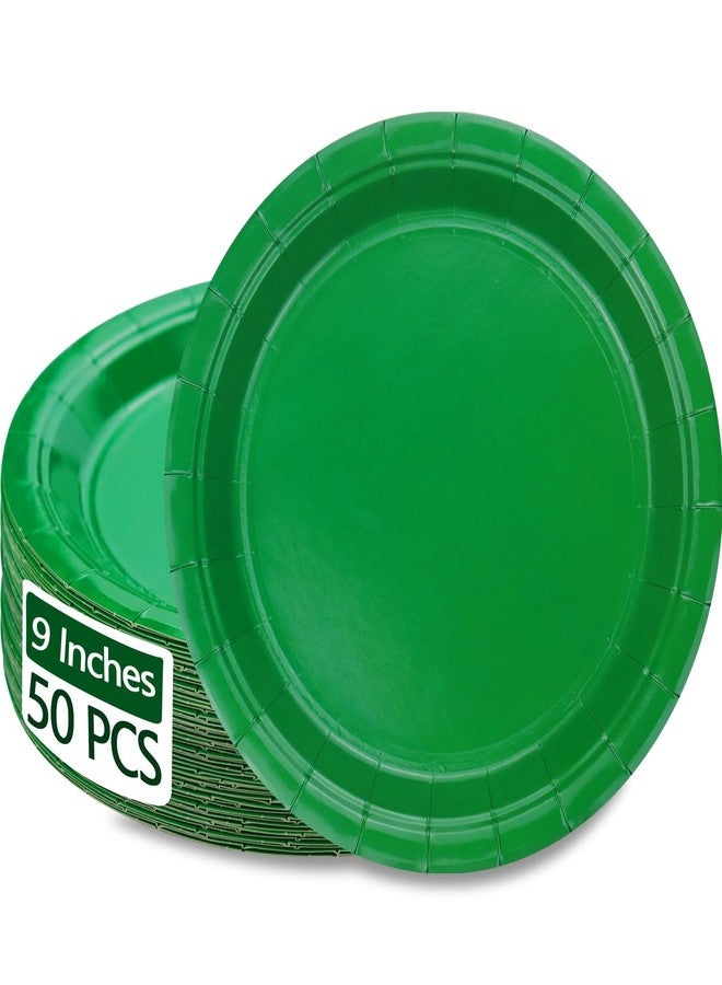PTECDROTS 50 PCS Green Paper Plates - 9” Dark Green Disposable Plates Round Dinner Plates for BBQ Birthday Party Picnic Supplies Daily Use Christmas Party Supplies - Image 1