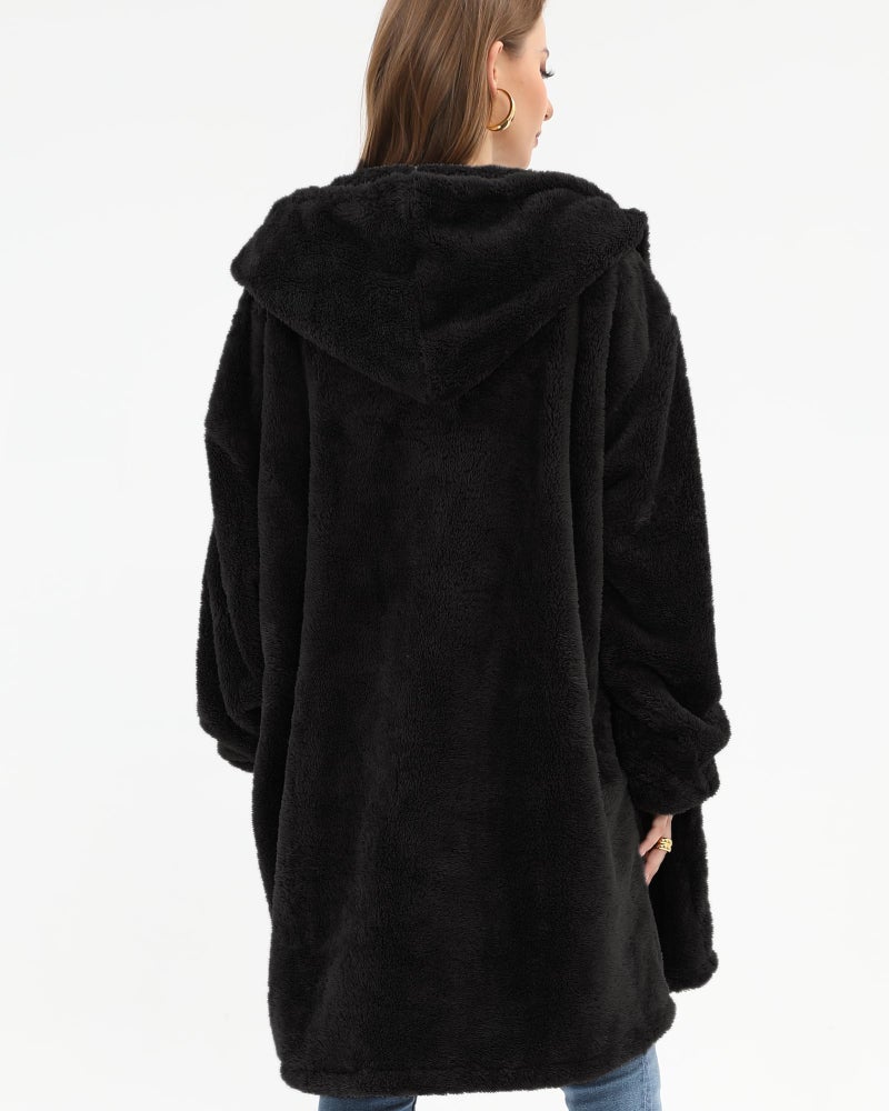 Argstar Black Hooded Cardigan for Women and Men, Oversized Sweatshirt Fuzzy Fleece Blanket Hoodie Jacket, One Size Fits All - Image 4
