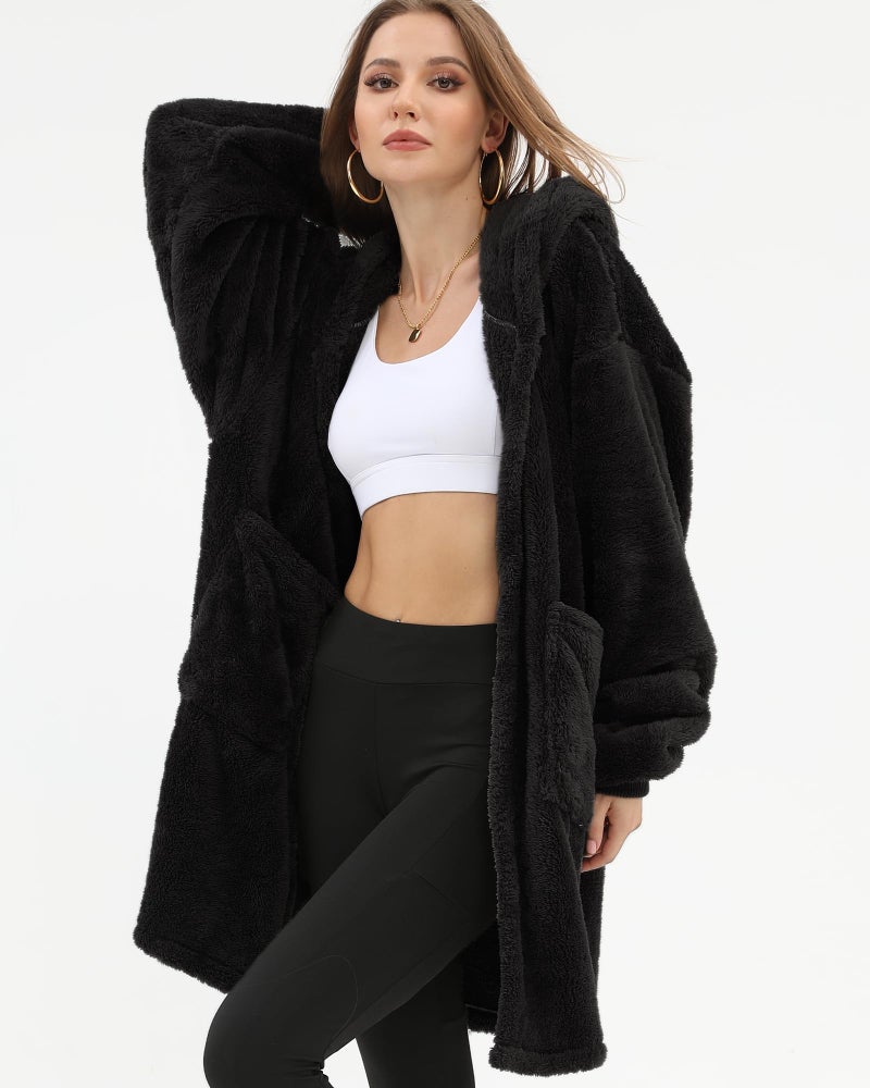 Argstar Black Hooded Cardigan for Women and Men, Oversized Sweatshirt Fuzzy Fleece Blanket Hoodie Jacket, One Size Fits All - Image 5