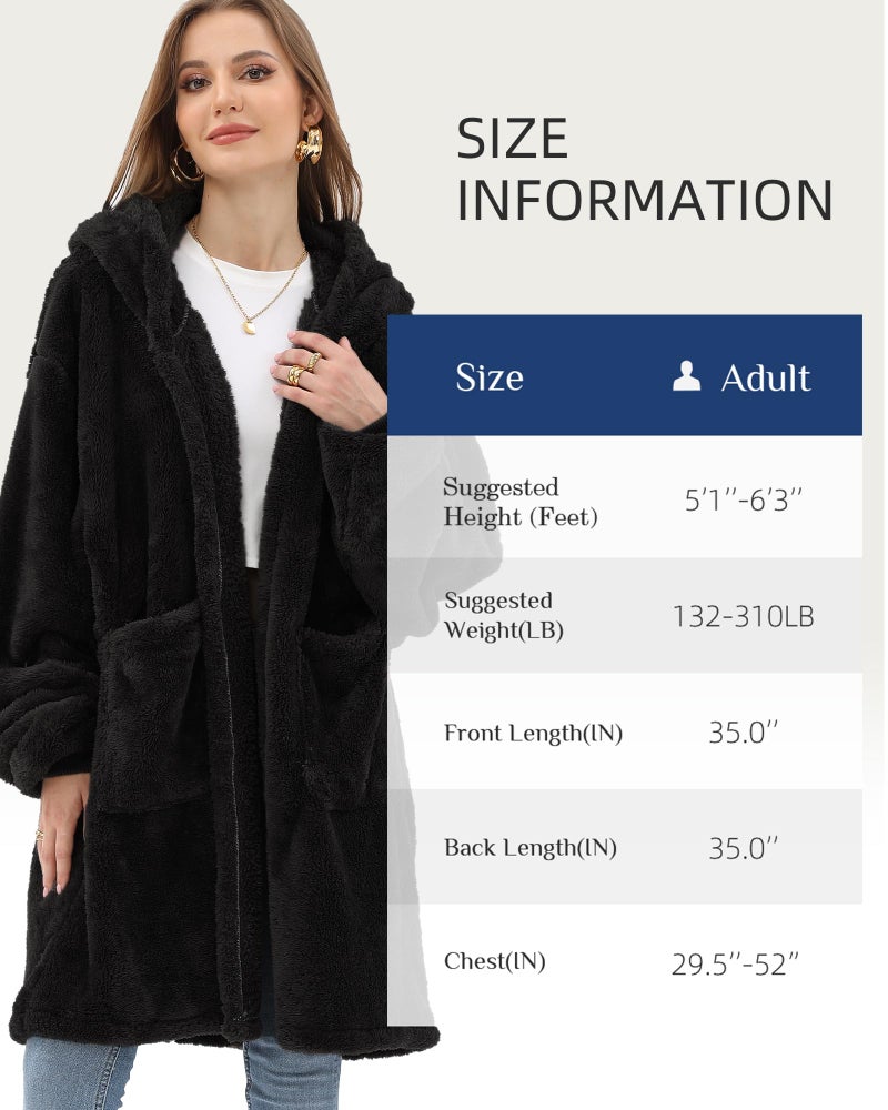 Argstar Black Hooded Cardigan for Women and Men, Oversized Sweatshirt Fuzzy Fleece Blanket Hoodie Jacket, One Size Fits All - Image 3