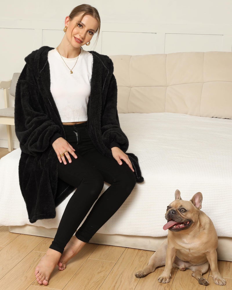 Argstar Black Hooded Cardigan for Women and Men, Oversized Sweatshirt Fuzzy Fleece Blanket Hoodie Jacket, One Size Fits All - Image 2