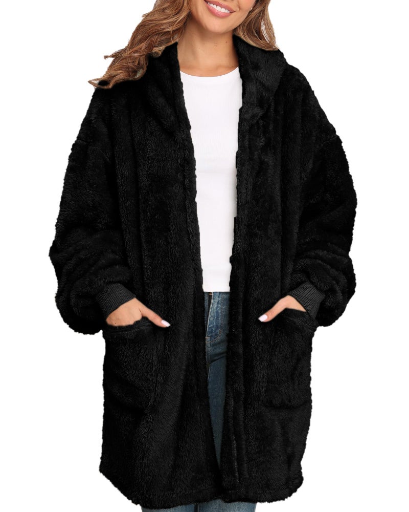 Argstar Black Hooded Cardigan for Women and Men, Oversized Sweatshirt Fuzzy Fleece Blanket Hoodie Jacket, One Size Fits All - Image 1