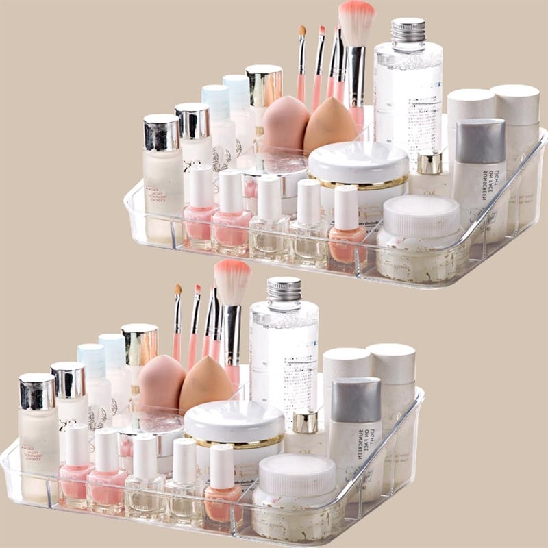 2-Piece Clear Acrylic Makeup Organizer Set with Multiple Compartments for Cosmetic and Stationery Storage, Ideal for Vanity and Desk Organization - Image 1