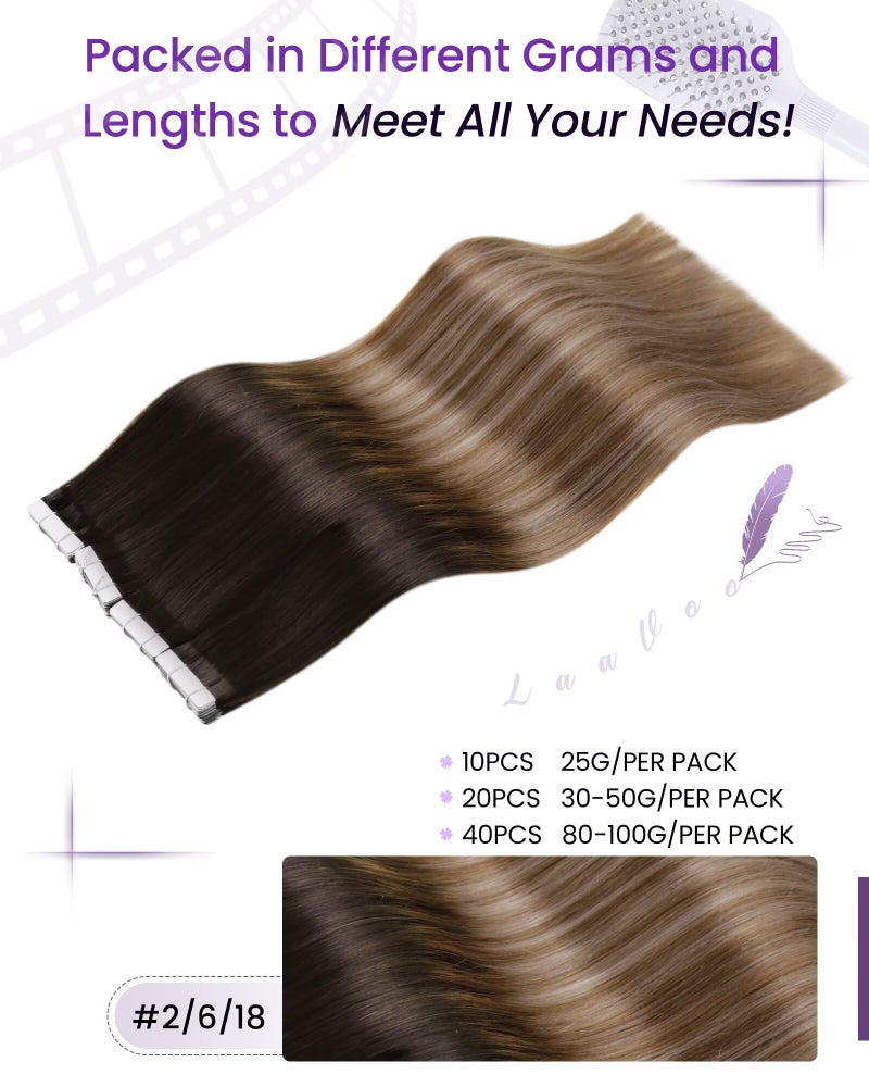 LaaVoo Hair Extensions Tape in Human Hair Ombre Tape in Hair Extensions Balayage Dark Brown to Medium Brown Mix Golden Brown Tape on Extensions Seamless 22inch 50g 20pcs - Image 3