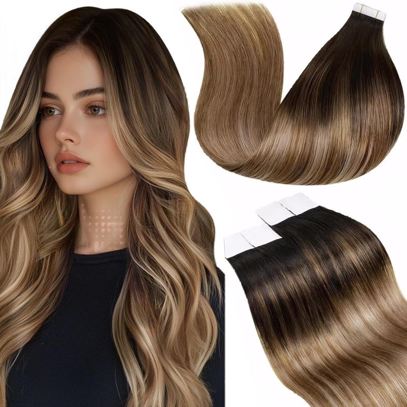 LaaVoo Hair Extensions Tape in Human Hair Ombre Tape in Hair Extensions Balayage Dark Brown to Medium Brown Mix Golden Brown Tape on Extensions Seamless 22inch 50g 20pcs - Image 1