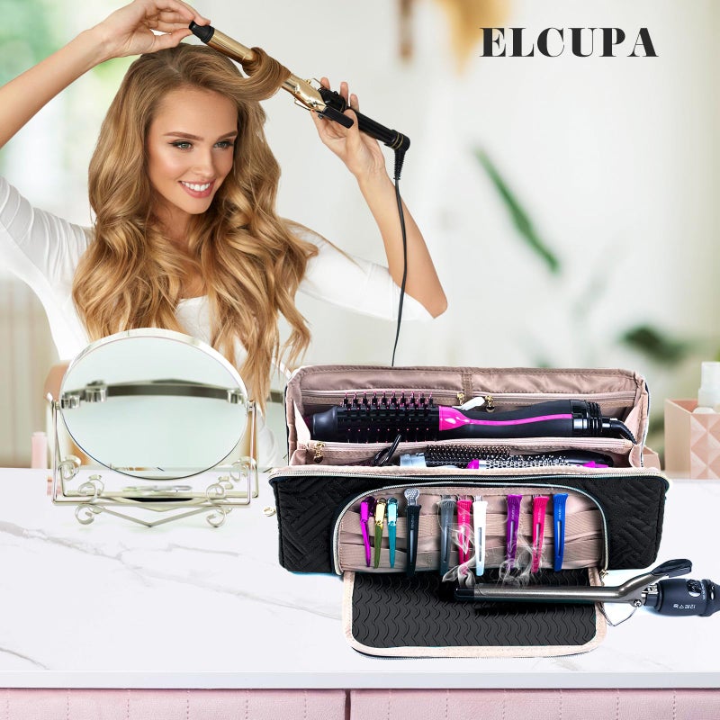 ELCUPA Large Hair Tools Travel Bag with Iron Mat - 2in1 Hair Tools Organizer for Hair Dryer Brush, Flat Irons, Straighteners, Curling Irons, Hair Bag, Makeup Bag, Cosmetic Bag for Travel Essentials - Image 4