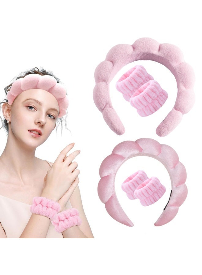 3-Piece Sponge Headband Wristband Set for Face Washing, Women's Makeup Headband, Skin Care Makeup Remover, Face Wash Spa Yoga Exercise, Shower Headband Terry Cloth Hairband (Pink) - Image 1