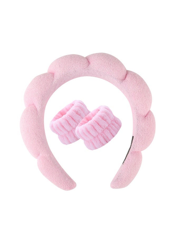3-Piece Sponge Headband Wristband Set for Face Washing, Women's Makeup Headband, Skin Care Makeup Remover, Face Wash Spa Yoga Exercise, Shower Headband Terry Cloth Hairband (Pink) - Image 3