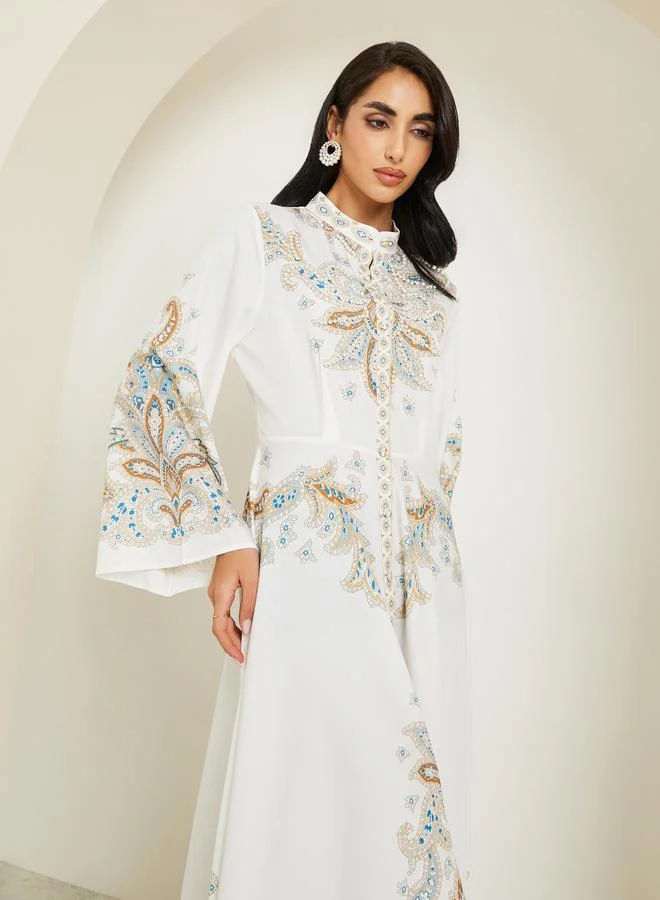 Amirah Women Placement Print Jalabiya with Pearl Embellishment